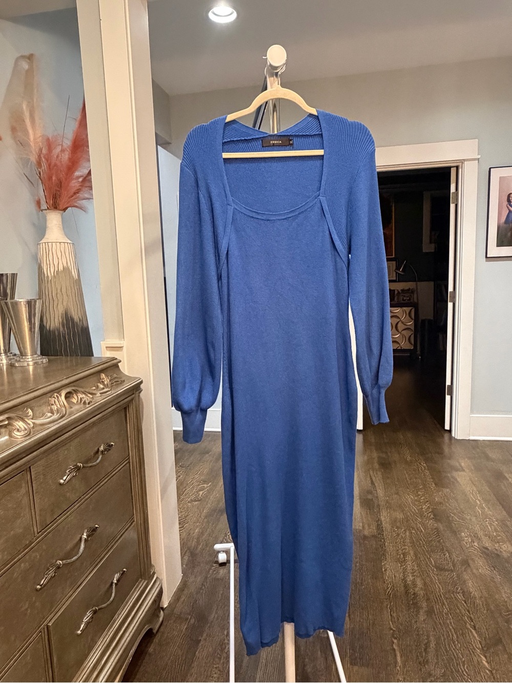 Elegant Blue Long Sleeve Knit Midi Dress